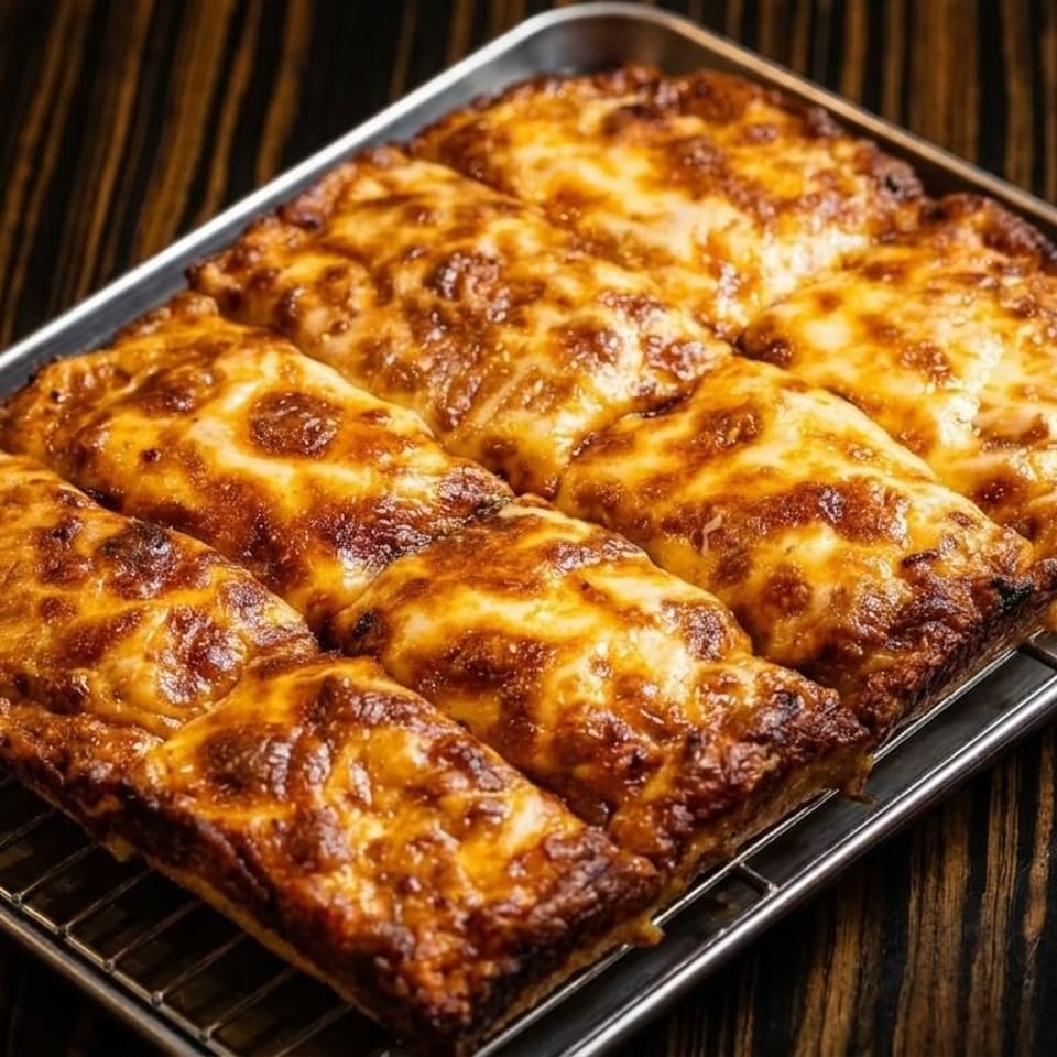 Golden-brown Detroit-style pizza slices on a metal tray, with cocktails on a dark wooden table.