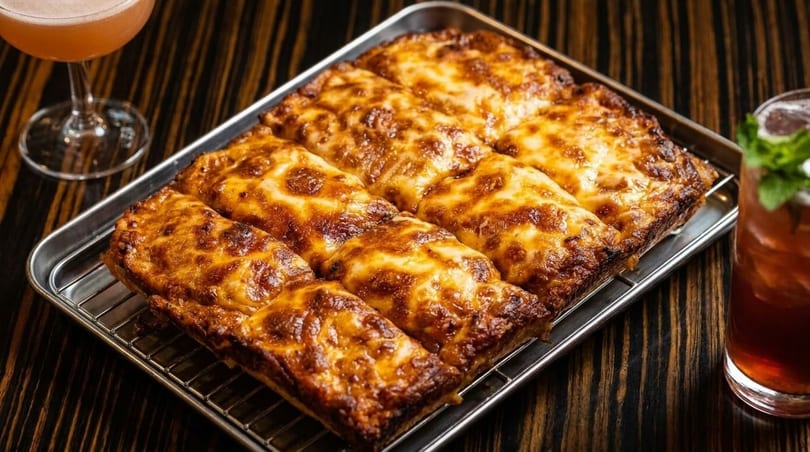 Golden-brown Detroit-style pizza slices on a metal tray, with cocktails on a dark wooden table.