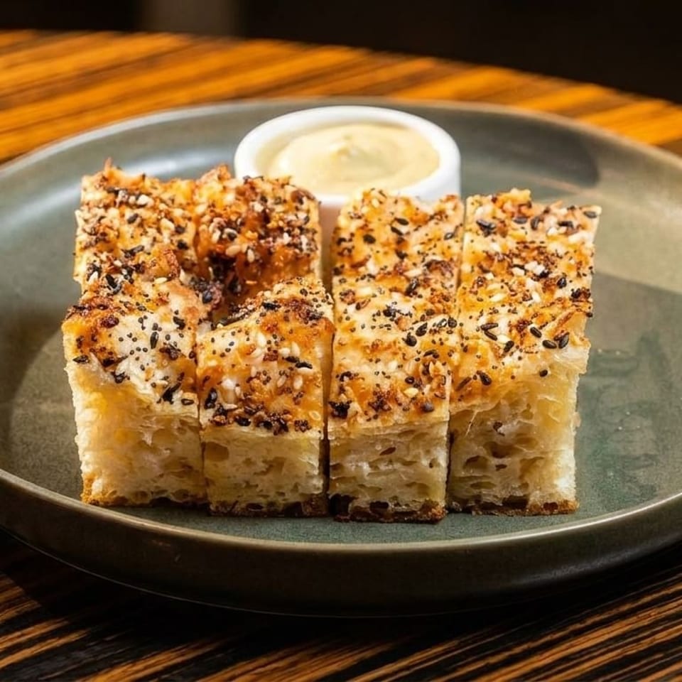 Focaccia bread with everything bagel seasoning and a side of dipping sauce on a green plate.