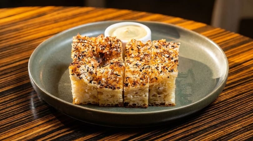 Focaccia bread with everything bagel seasoning and a side of dipping sauce on a green plate.
