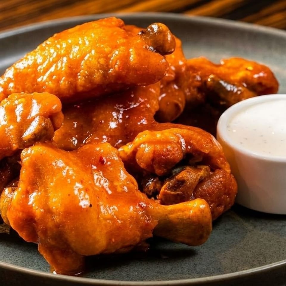 A plate of buffalo wings coated in a glossy orange sauce, with a side of ranch dressing.