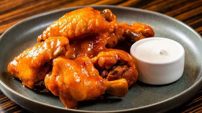 A plate of buffalo wings coated in a glossy orange sauce, with a side of ranch dressing.