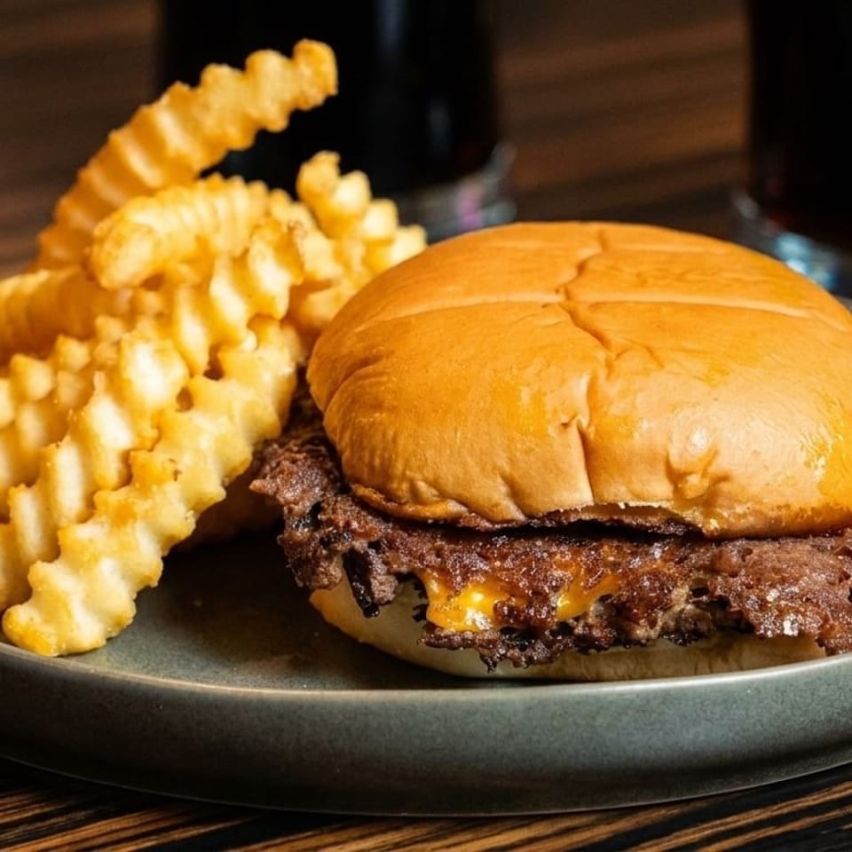 A smash burger with melted cheese and crinkle-cut fries on a gray plate, with drinks in the background.
