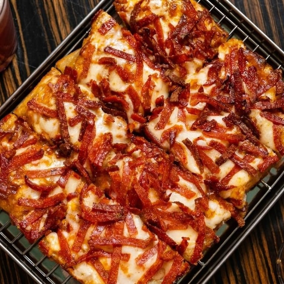 Square-cut pizza with melted cheese and crispy pepperoni strips, served with two drinks on a dark wooden table.