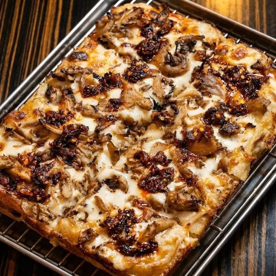 Rectangular mushroom pizza on a metal tray, with a purple cocktail and dark beer on a wooden table.