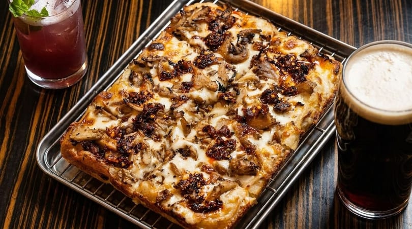 Rectangular mushroom pizza on a metal tray, with a purple cocktail and dark beer on a wooden table.